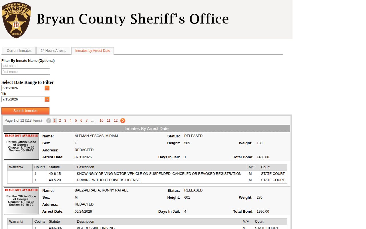 Bryan County arrest-date search showing released status records