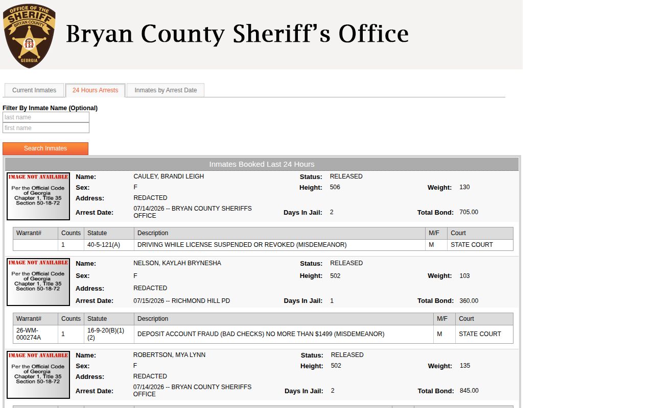 Bryan County Inmates Booked Last 24 Hours screen
