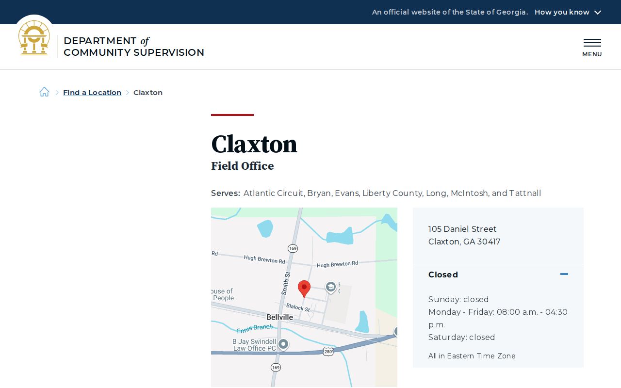 Bryan County parole and probation Claxton DCS office page